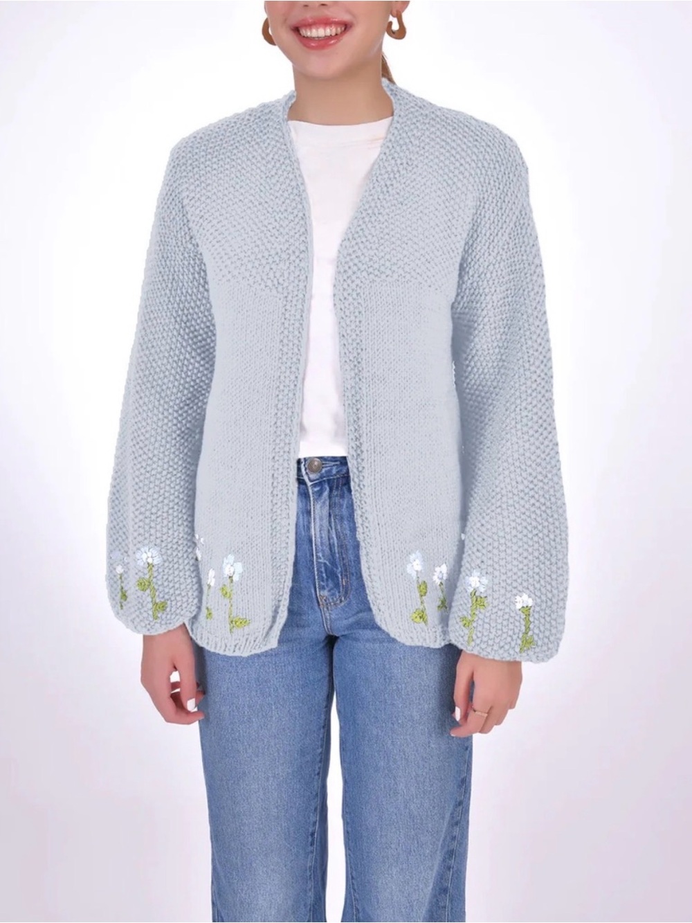 NWT Fanm Mon Hand Knit Marina Cotton Cardigan in Sky Blue size M/L